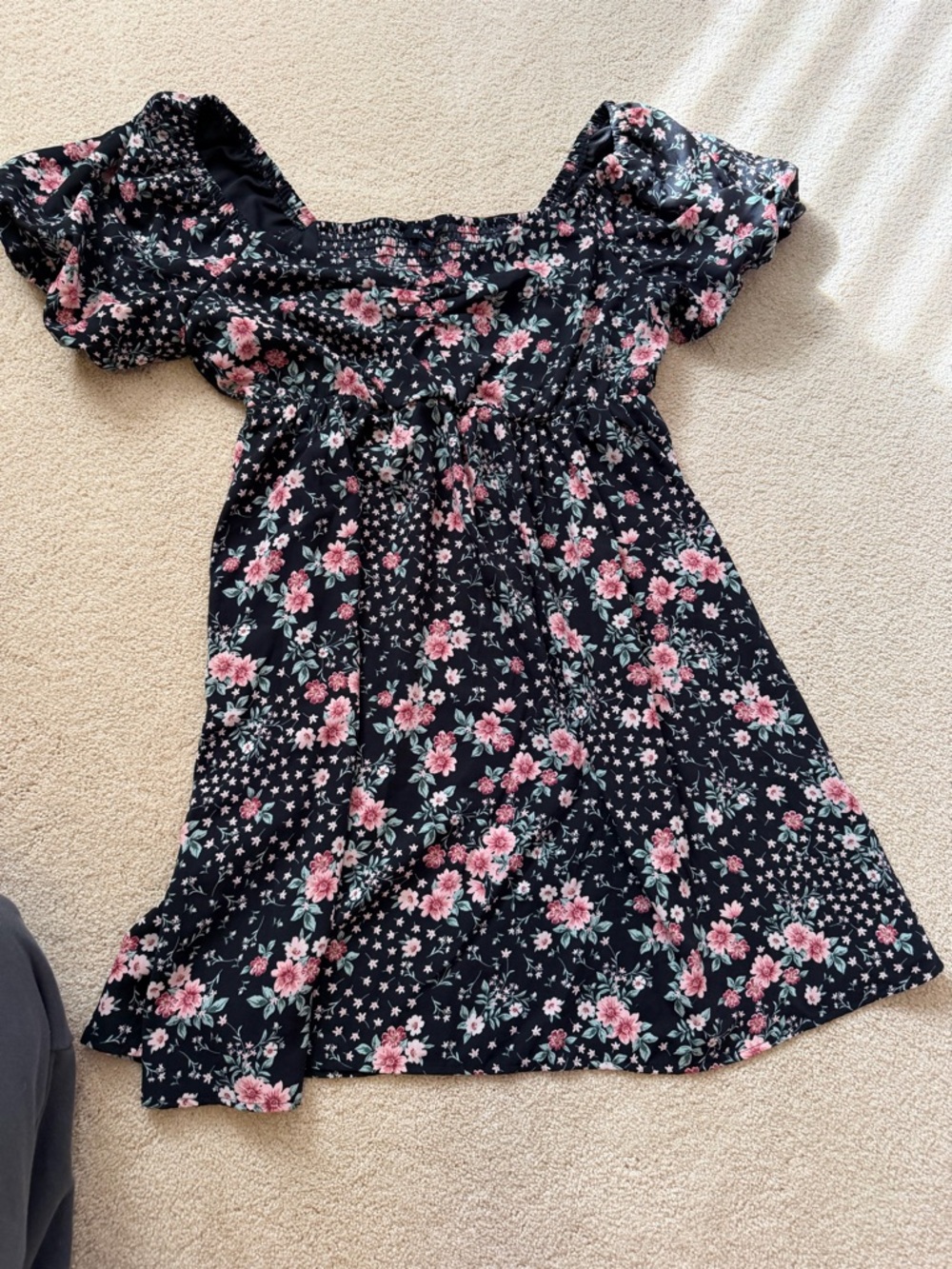 Black Floral Smocked Mini Dress with Pink Roses
